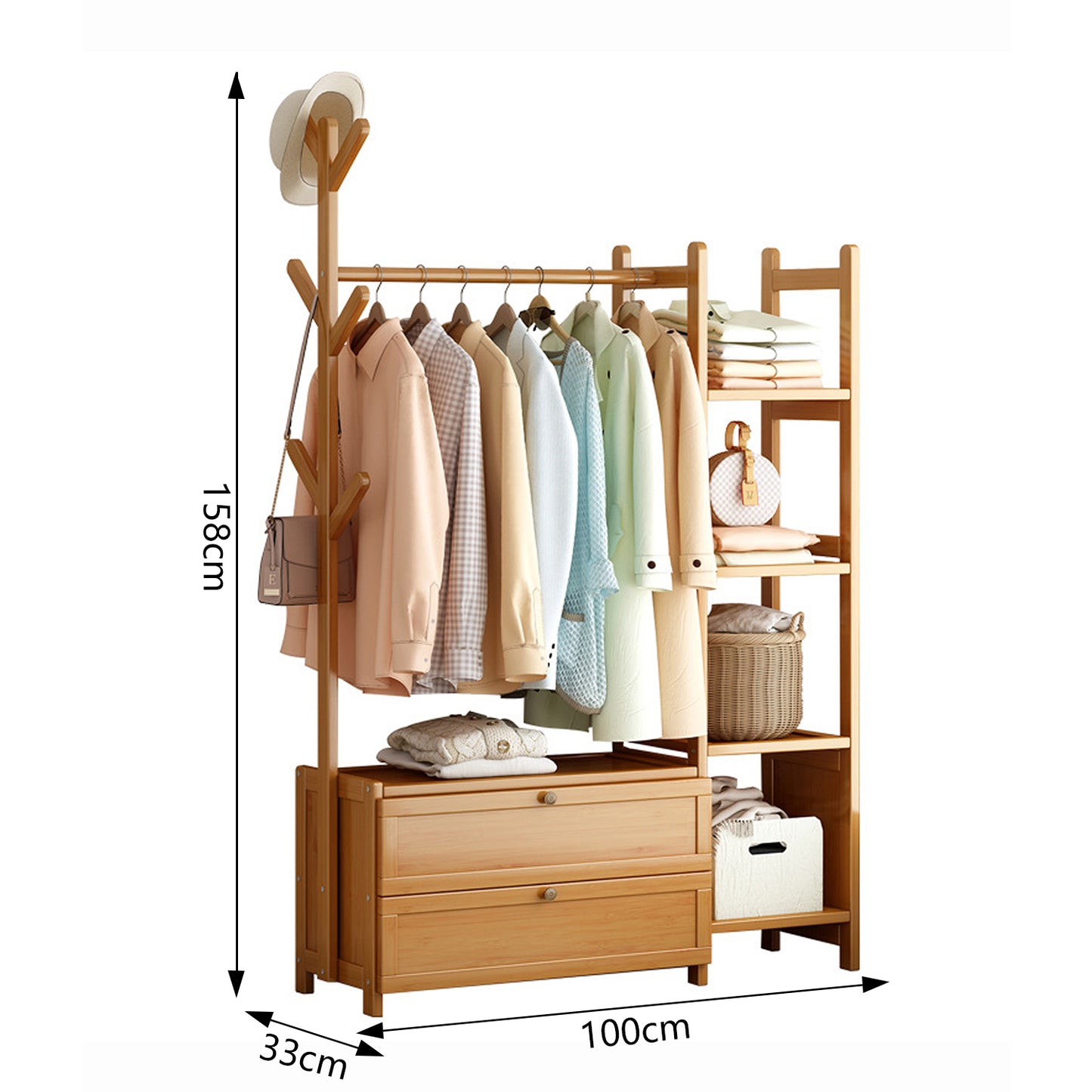 Estante Organizador de Ropa y Accesorios de Bambú Natural con Cajones y Estantes Laterales