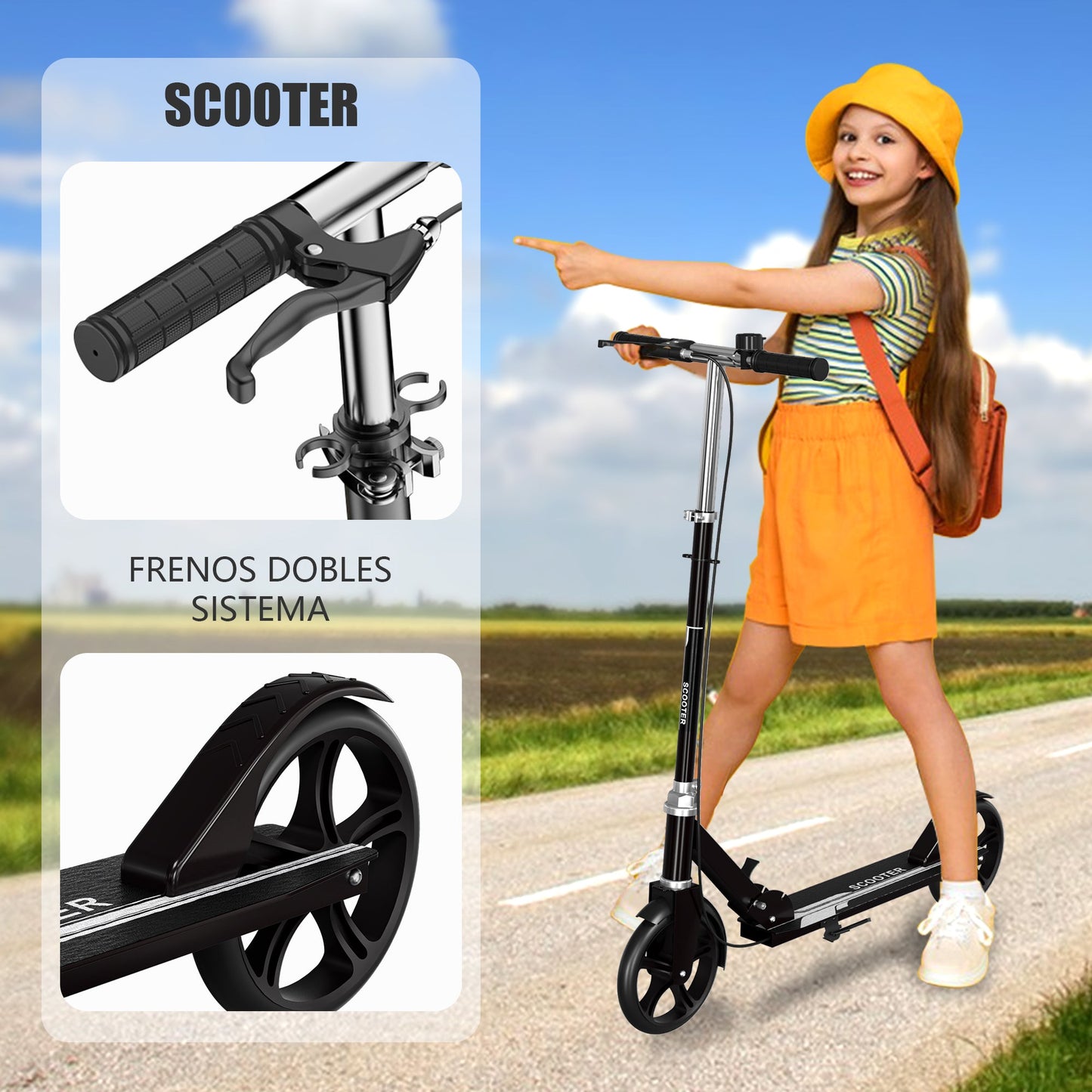 Patin Scooter con Freno De Mano Plegable Ajustable para Niños y Adultos Restsuko