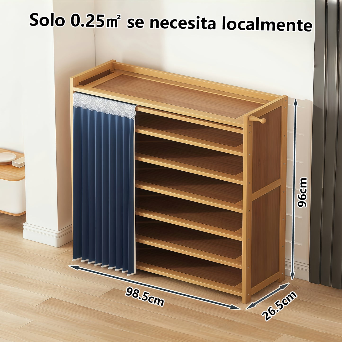 Zapatero Multifuncional Estante Para Zapatos Madera 6 Pisos Cortina En Bamboo 42 Par 107*98*28cm