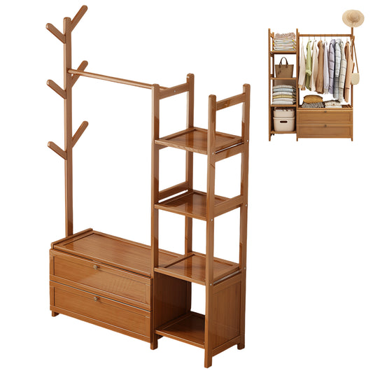 Estante Organizador de Ropa y Accesorios de Bambú Natural con Cajones y Estantes Laterales