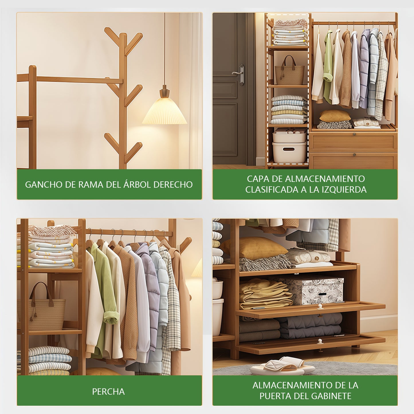 Estante Organizador de Ropa y Accesorios de Bambú Natural con Cajones y Estantes Laterales