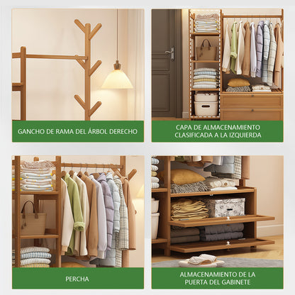 Estante Organizador de Ropa y Accesorios de Bambú Natural con Cajones y Estantes Laterales