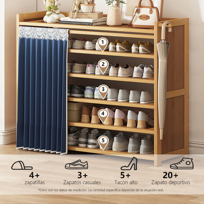 Zapatero Multifuncional Estante Para Zapatos Madera 6 Pisos Cortina En Bamboo 42 Par 107*98*28cm