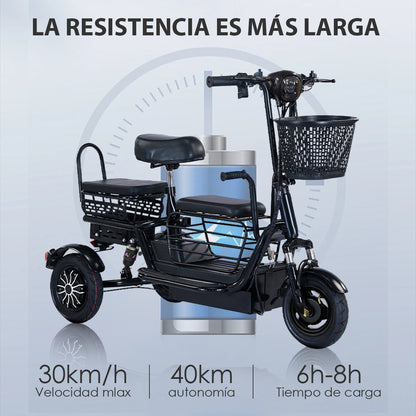 Bicicleta Electrica de tres ruedas Autonomía 40km Mascota Mayores Y Ninos. Triciclo funcional