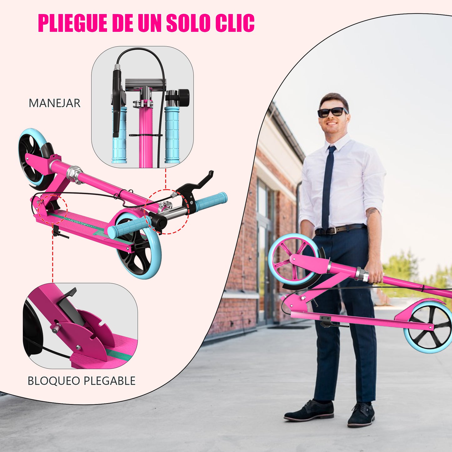 Patin Scooter con Freno De Mano Plegable Ajustable para Niños y Adultos Color Rosa