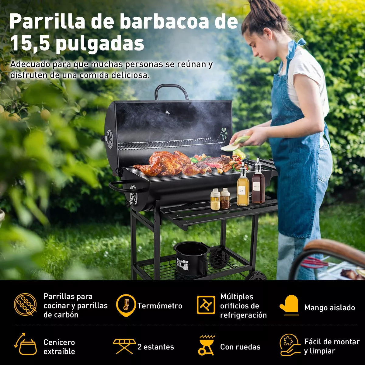 Parrilla De Carbón Barbacoa Jardín Picnic Robusta Móvil Color Negro Tres Águila