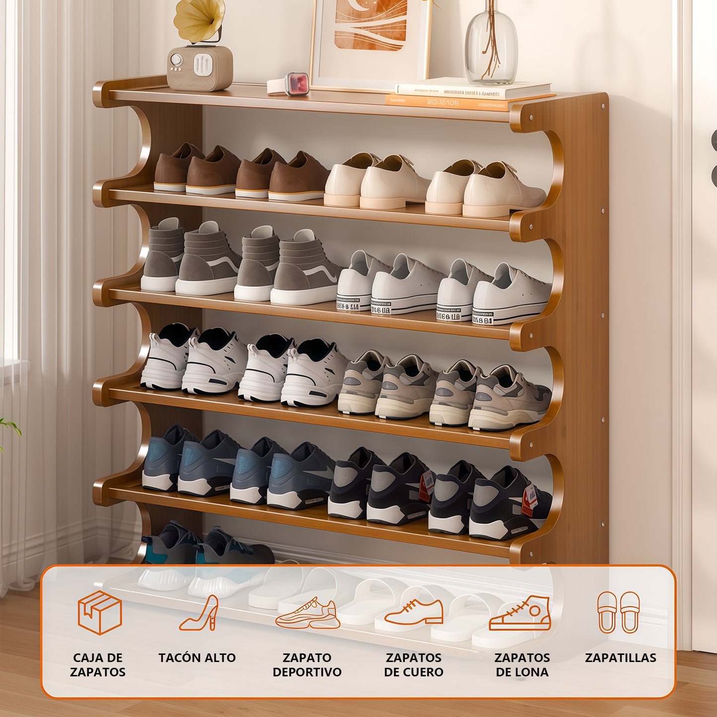 Zapatero Organizadora de Bamboo con 6 Niveles y un Almacenamiento Amplio con 82x68x20cm Estructura de Bambu para Zapatos y otros Adornos y Accesorios