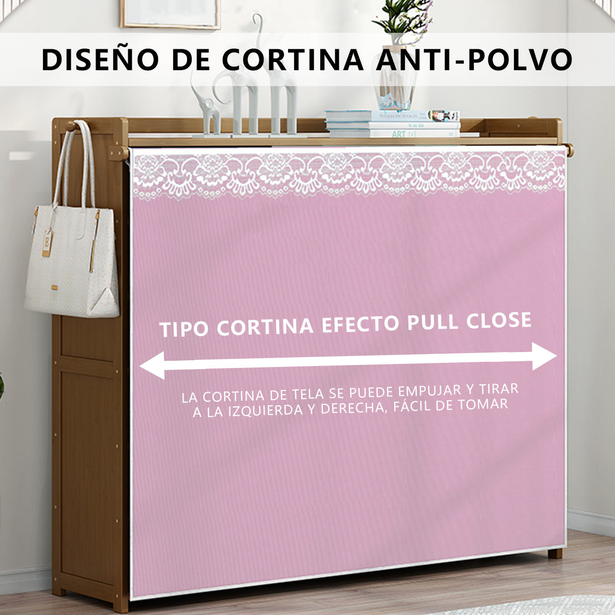 Zapatero Multifuncional Estante Para Zapatos Madera 6 Pisos Cortina En Bamboo 42 Par 107*98*28cm Restsuko Bici