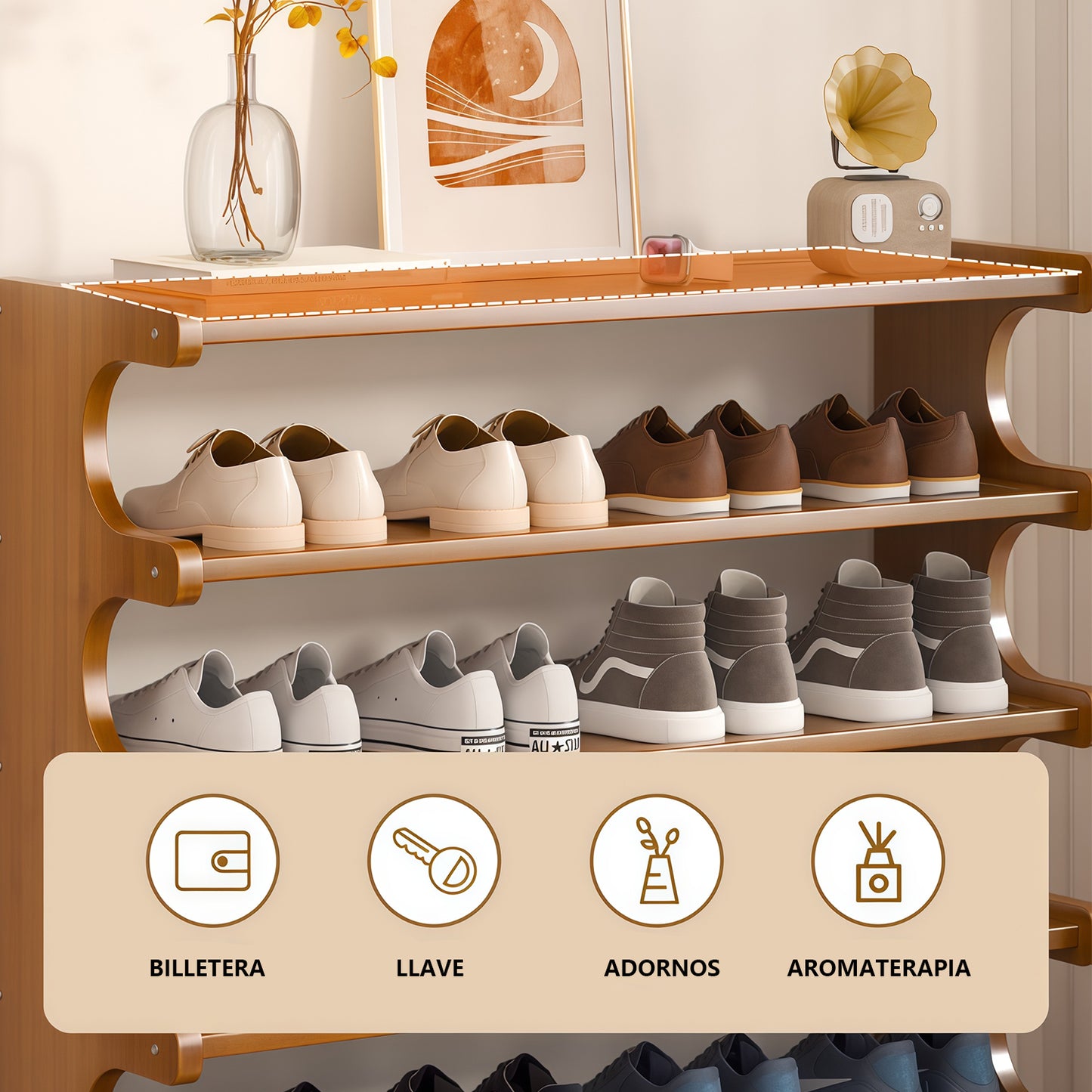 Zapatero Organizadora de Bamboo con 6 Niveles y un Almacenamiento Amplio con 82x68x20cm Estructura de Bambu para Zapatos y otros Adornos y Accesorios