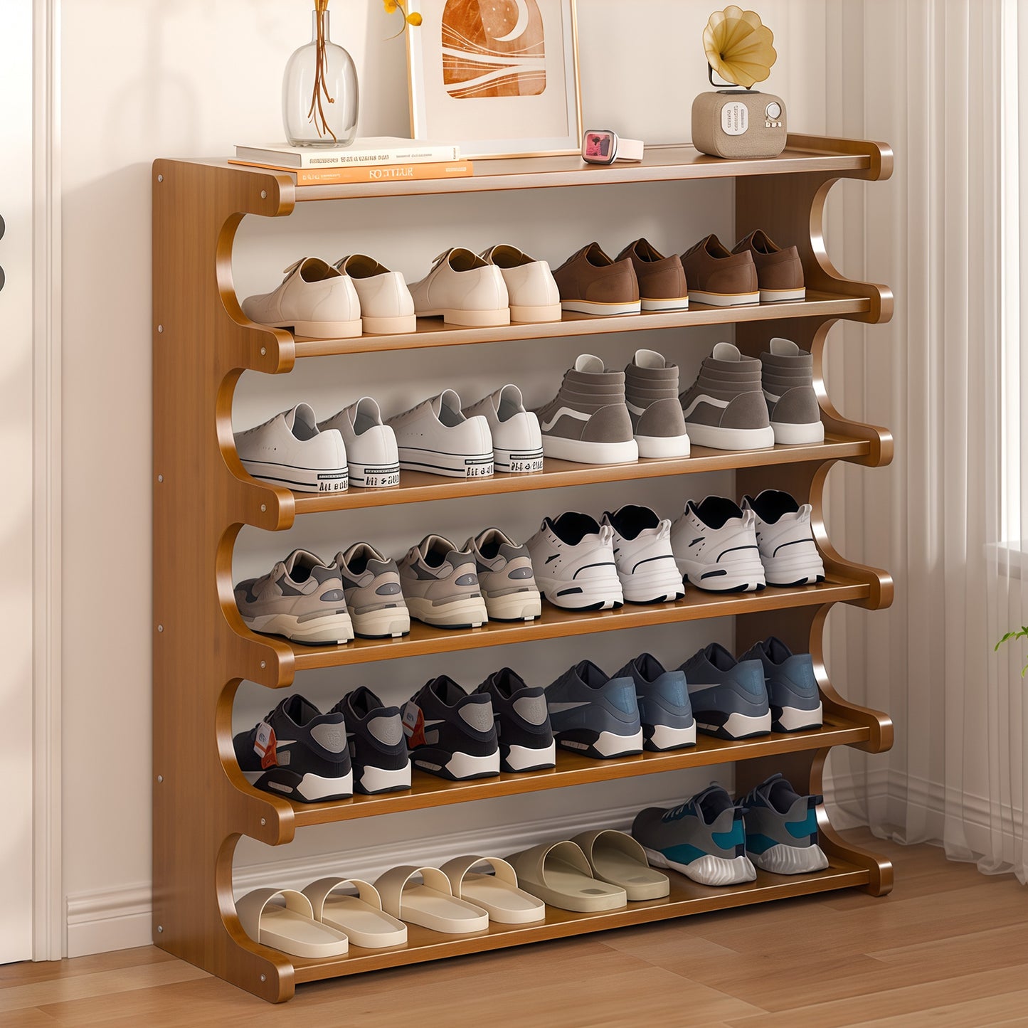 Zapatero Organizadora de Bamboo con 6 Niveles y un Almacenamiento Amplio con 82x68x20cm Estructura de Bambu para Zapatos y otros Adornos y Accesorios
