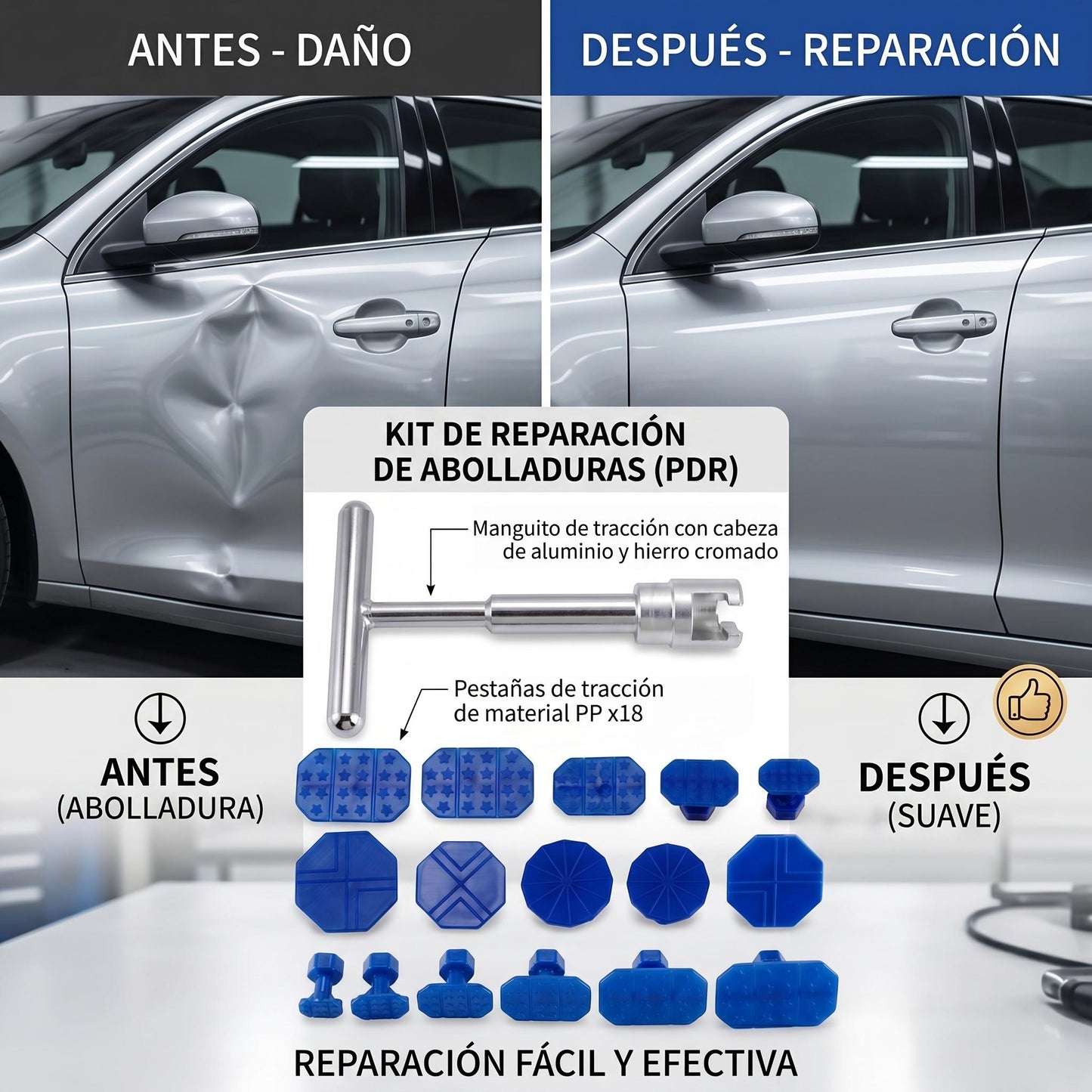 Kit de Reparación de Abolladuras para Coche en Forma de T de Aluminio 18 piezas con 18 Espaciadores Herramienta Manual profesional sin Pintura para Carrocería y Pequeñas Abolladuras por Granizo