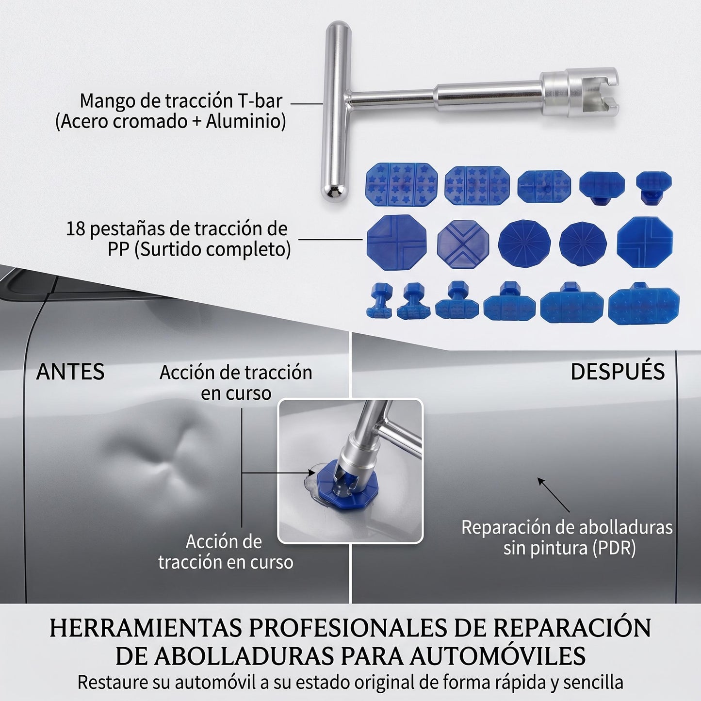 Kit de Reparación de Abolladuras para Coche en Forma de T de Aluminio 18 piezas con 18 Espaciadores Herramienta Manual profesional sin Pintura para Carrocería y Pequeñas Abolladuras por Granizo