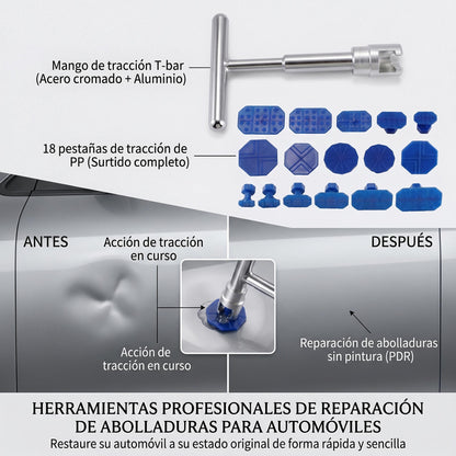 Kit de Reparación de Abolladuras para Coche en Forma de T de Aluminio 18 piezas con 18 Espaciadores Herramienta Manual profesional sin Pintura para Carrocería y Pequeñas Abolladuras por Granizo